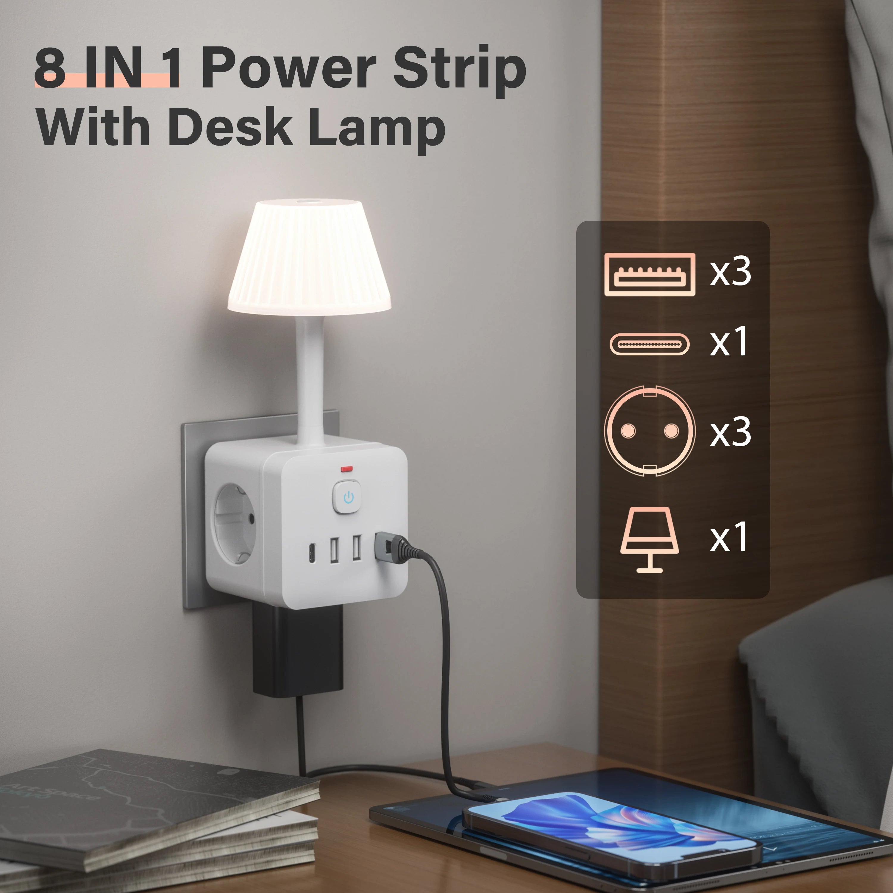 Tabletop Power Strip TT-PS08 – 3 Outlets + 4 USB Ports with Surge & Overload Protection