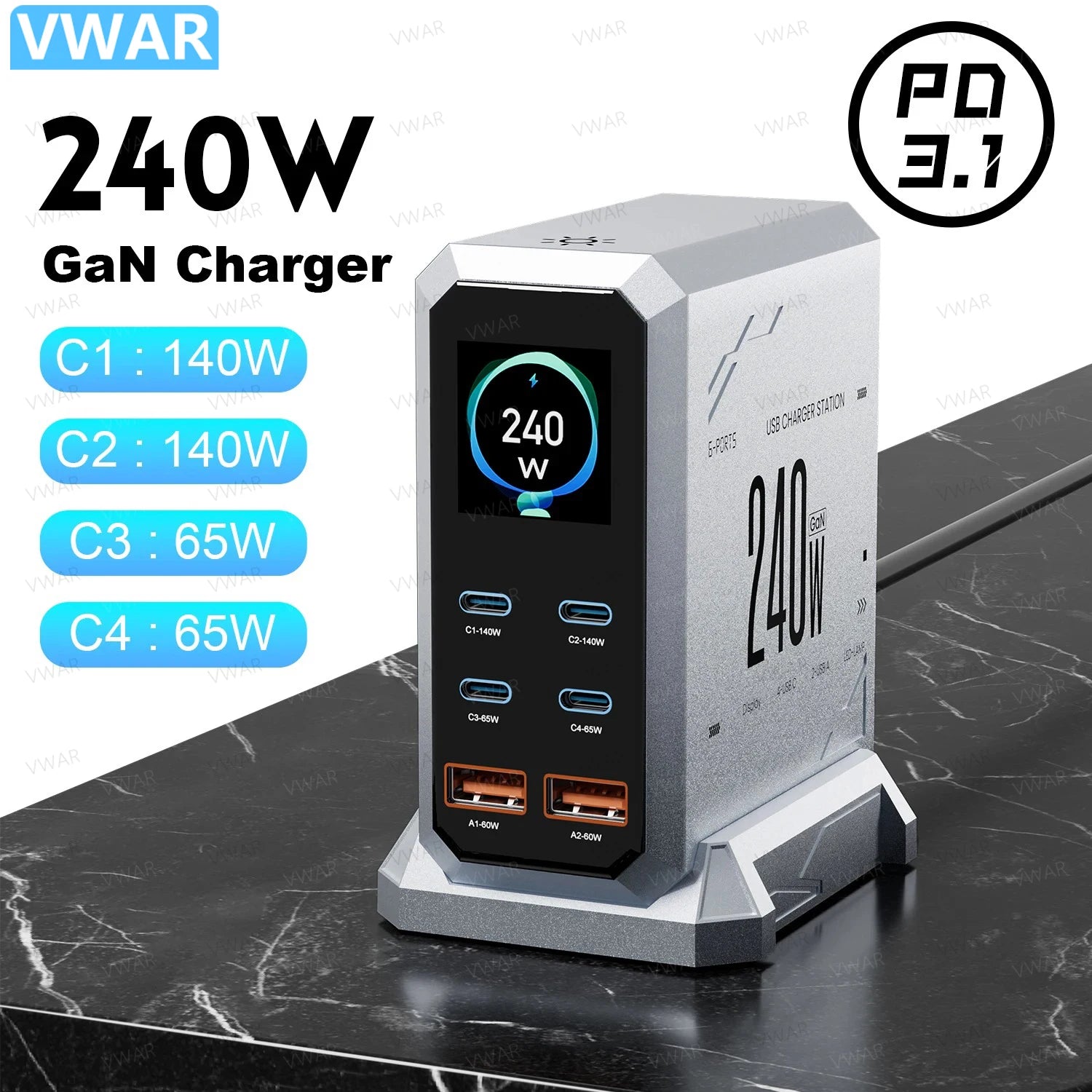 240W GaN Fast Charging Station 6-Port USB-C PD 3.1 Charger for MacBook, iPhone, Samsung & Laptops
