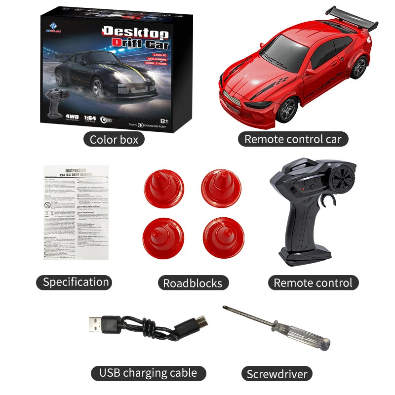 Teranty 1:64 Scale 4CH Remote Control Car | 30m Range 4WD Drift RC Car with 20min Playtime | Ready-to-Go Mini Electric Car for Kids & Adults