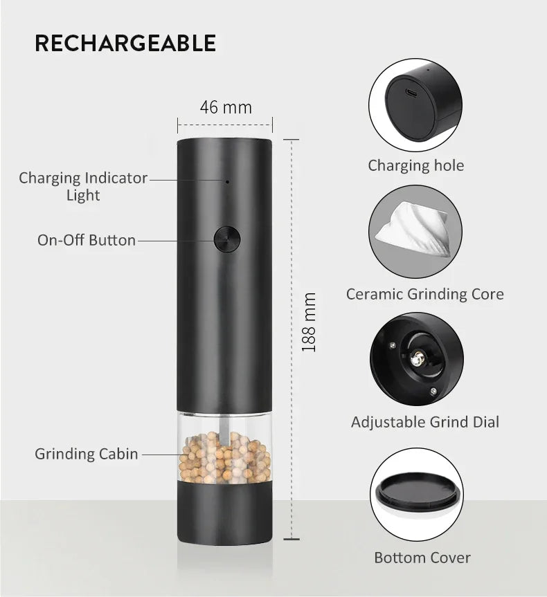 Electric Salt and Pepper Grinder Set - Automatic Gravity-Activated Mills with Adjustable Coarseness | USB Rechargeable Spice Grinders for Kitchen