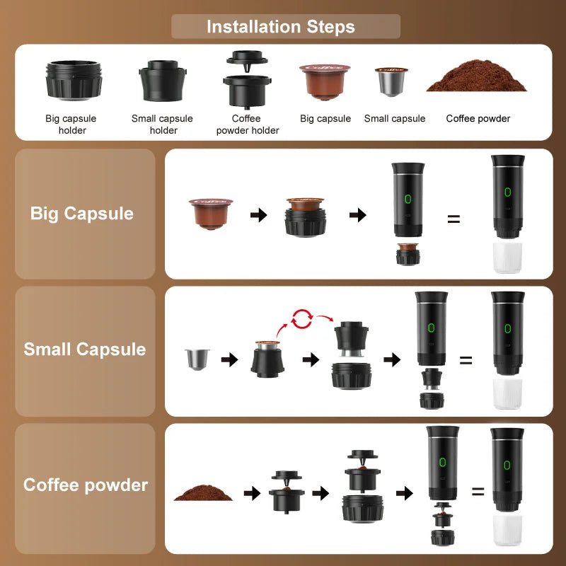 DENOKIN Portable Espresso Machine 3-in-1 | 20 Bar Pressure with Heating Function, Compatible with Ground Coffee & Capsules | USB-C Rechargeable for Travel, Camping & Home