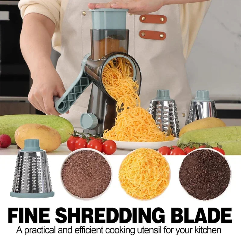 3-in-1 Rotary Cheese Grater & Vegetable Slicer – Manual Stainless Steel Kitchen Cutter Tool