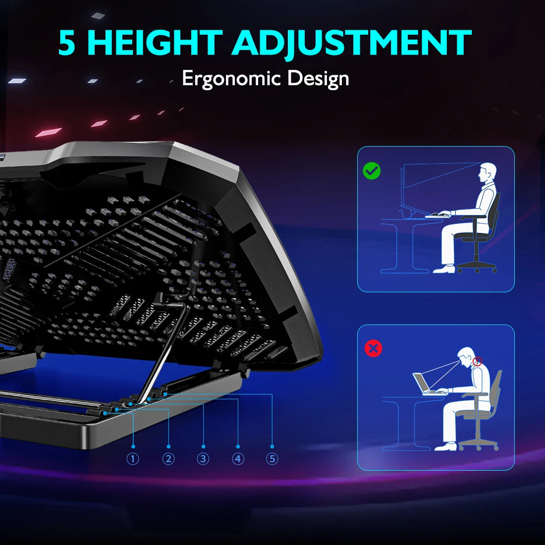 COOLCOLD F2PLUS Laptop Cooling Pad 5-Fan Adjustable Laptop Cooler Stand for 12–17 Inch Laptops