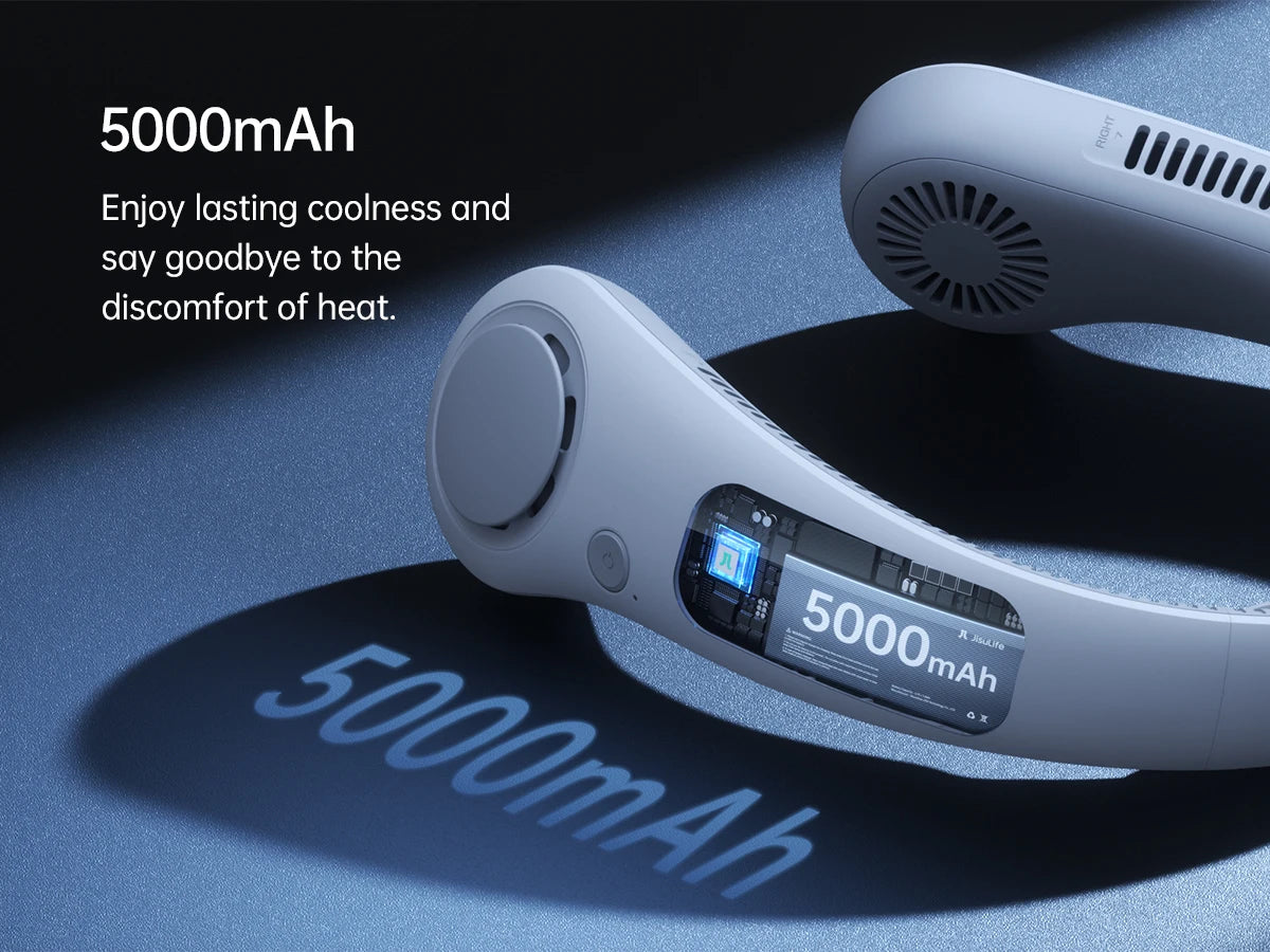 JISULIFE FA14X Portable Neck Fan - 5000mAh Wearable Bladeless Personal Fan with 5 Speeds | Hands-Free Cooling for Outdoor, Travel & Office | Grey/Black/Blue