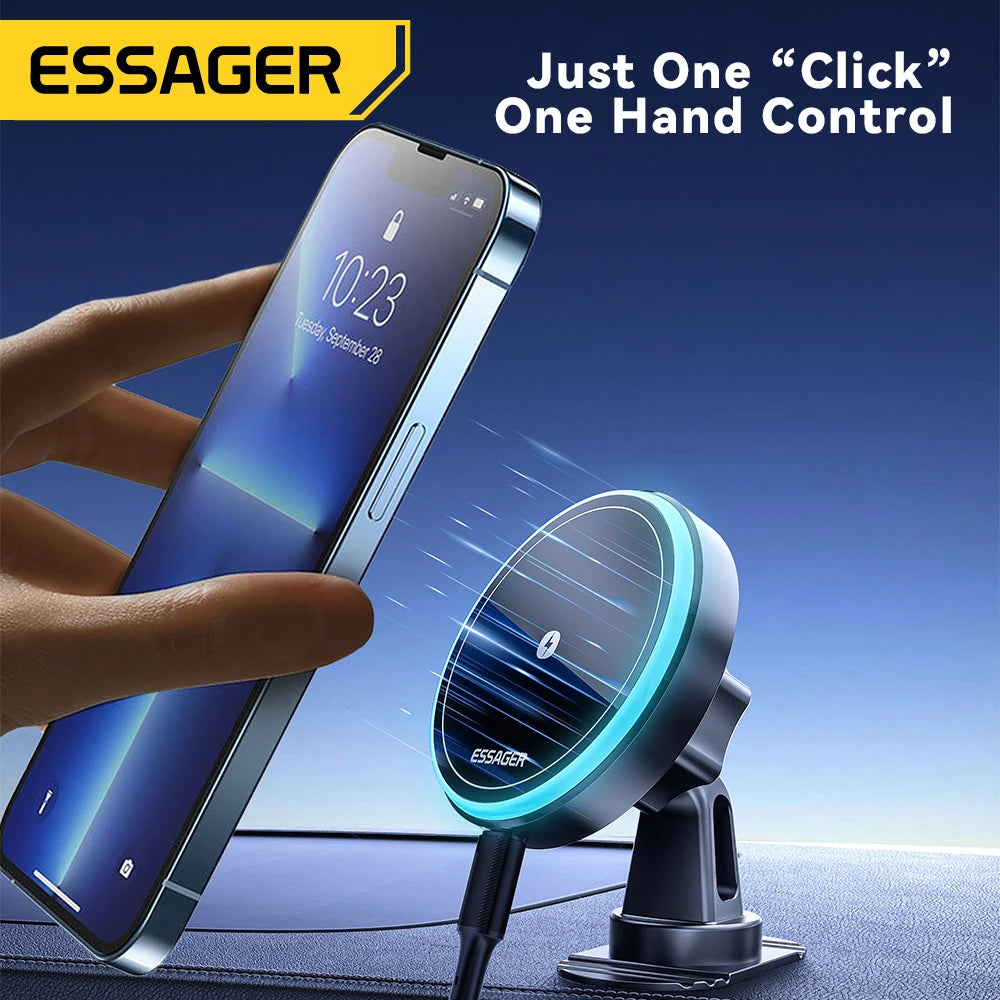 Essager Magnetic Wireless Car Charger 15W – RGB Seven-Color Fast Charging Phone Holder Mount for iPhone 15/14/13 & Android