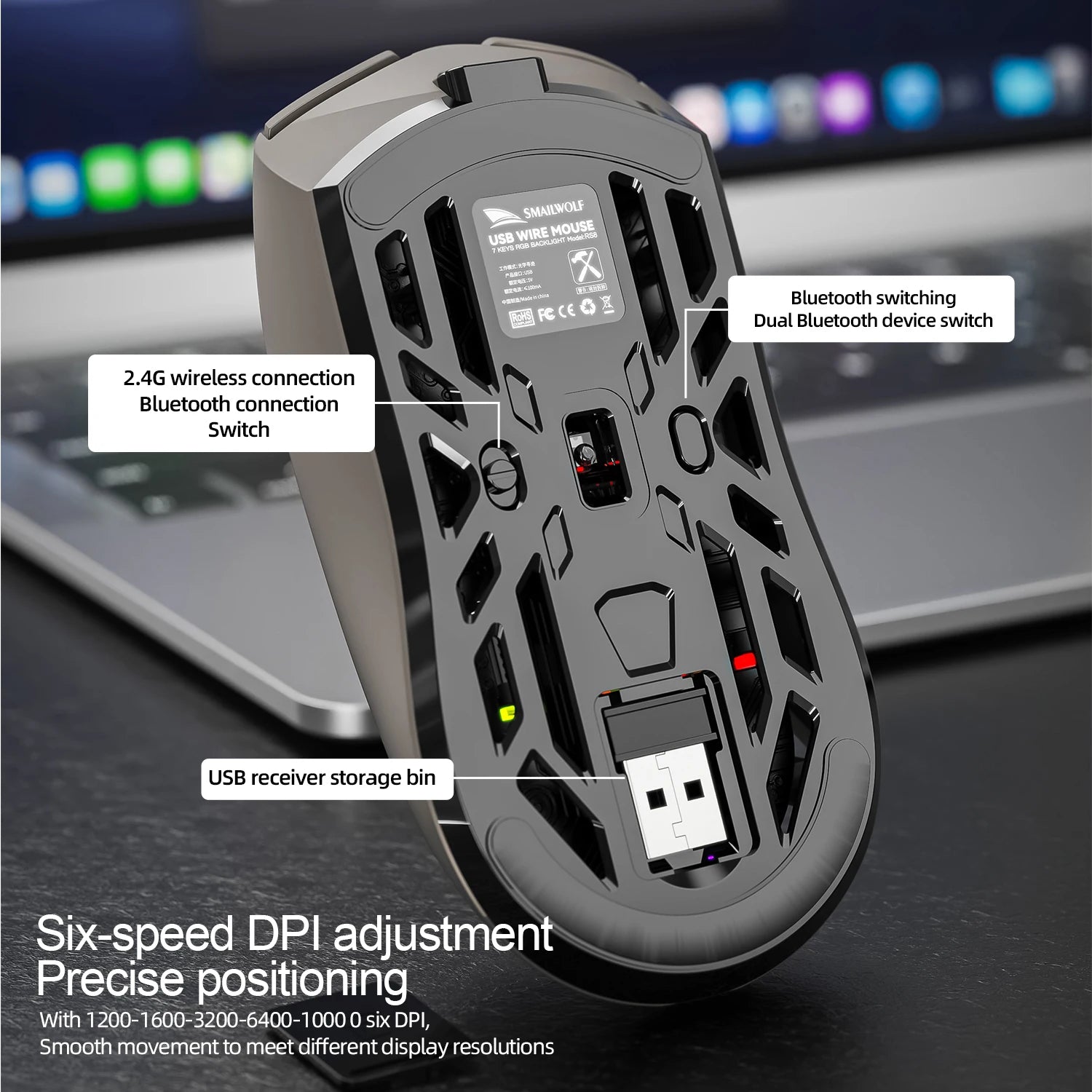 SMAILWOLF Wireless Gaming Mouse - 12000 DPI Bluetooth Rechargeable with 6 Buttons & RGB Backlight | Ergonomic Right-Handed Design for PC & Laptop