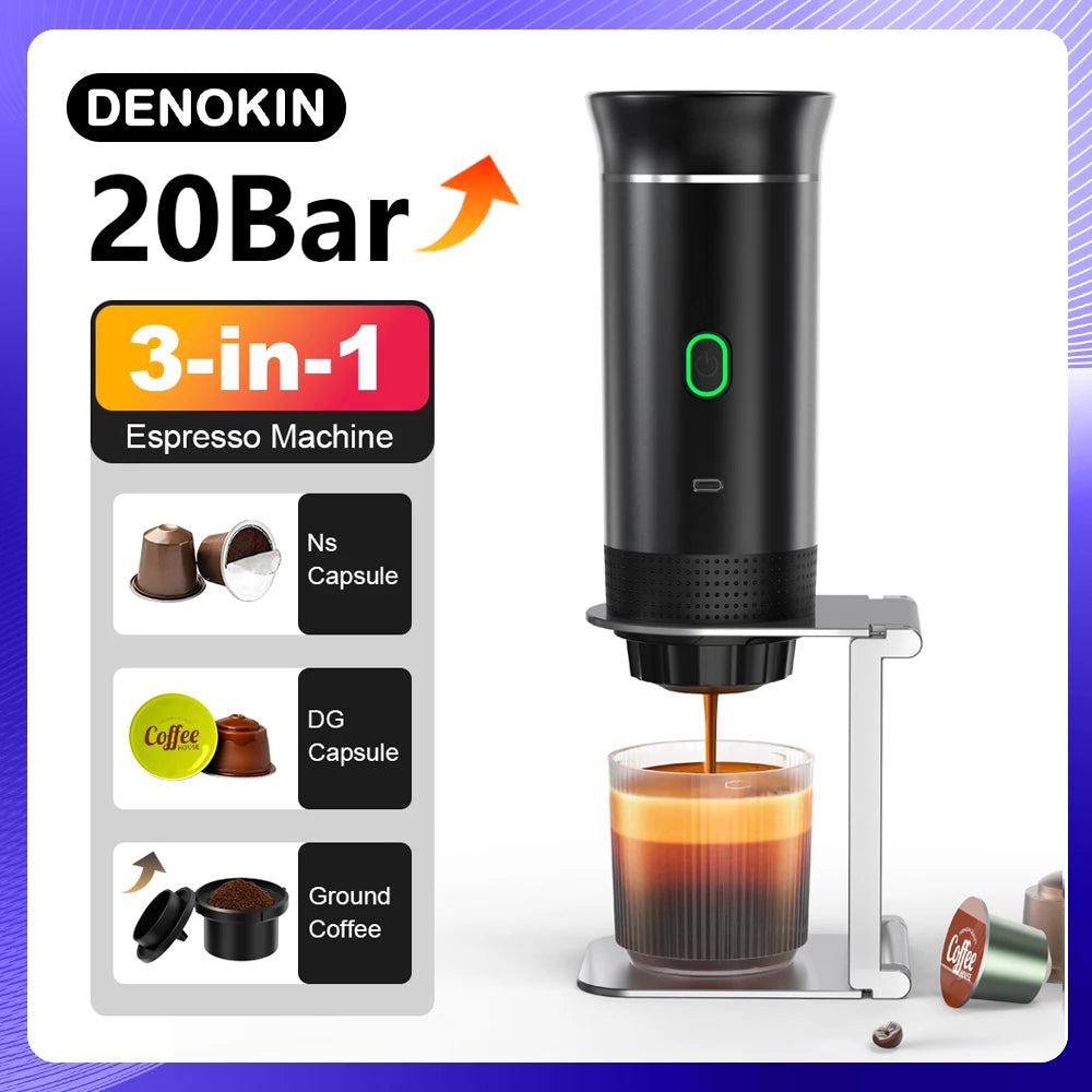 DENOKIN Portable Espresso Machine 3-in-1 | 20 Bar Pressure with Heating Function, Compatible with Ground Coffee & Capsules | USB-C Rechargeable for Travel, Camping & Home