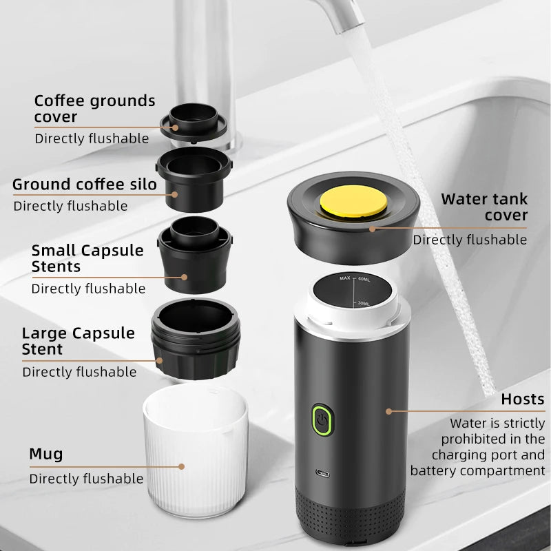 DENOKIN Portable Espresso Machine 3-in-1 | 20 Bar Pressure with Heating Function, Compatible with Ground Coffee & Capsules | USB-C Rechargeable for Travel, Camping & Home