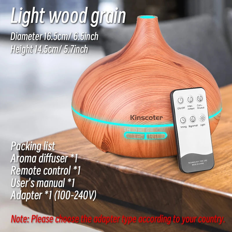 Wood Grain Ultrasonic Air Humidifier 500ml – 5-in-1 Essential Oil Diffuser with 7 LED Colors, Timer & Remote | HUMI Brand