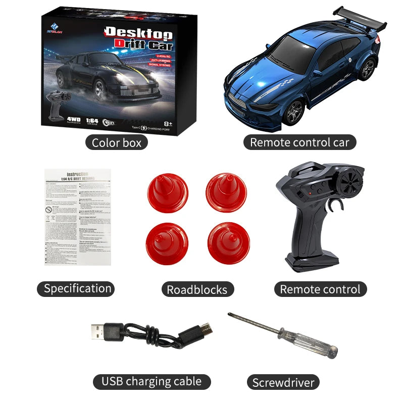 Teranty 1:64 Scale 4CH Remote Control Car | 30m Range 4WD Drift RC Car with 20min Playtime | Ready-to-Go Mini Electric Car for Kids & Adults