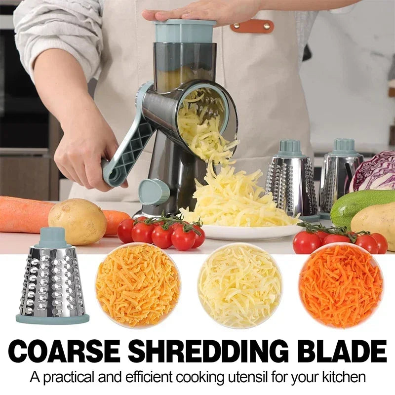 3-in-1 Rotary Cheese Grater & Vegetable Slicer – Manual Stainless Steel Kitchen Cutter Tool