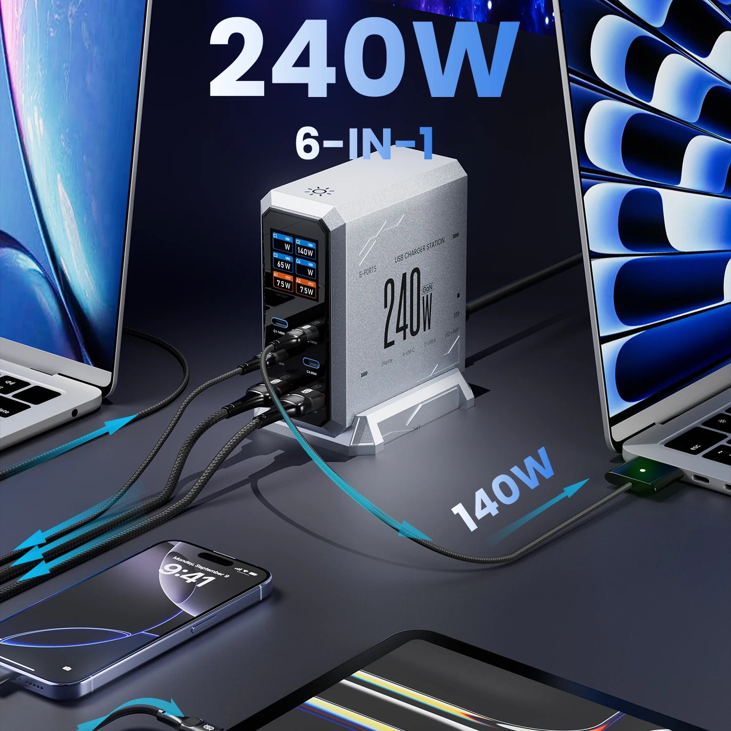 240W GaN Fast Charging Station 6-Port USB-C PD 3.1 Charger for MacBook, iPhone, Samsung & Laptops
