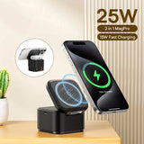 25W 3-in-1 Magnetic Wireless Charging Station | 360° Rotatable Stand for iPhone, AirPods & Apple Watch | Foldable Fast Charger with Retractable Cable