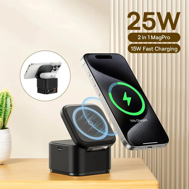 25W 3-in-1 Magnetic Wireless Charging Station | 360° Rotatable Stand for iPhone, AirPods & Apple Watch | Foldable Fast Charger with Retractable Cable