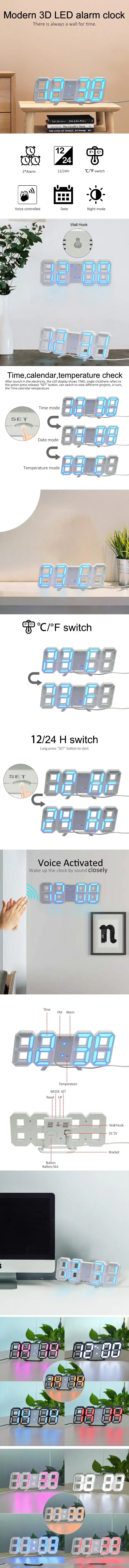 3D LED Digital Alarm Clock with Large Display | Wall or Desktop Clock with 3-Level Brightness Adjustable, Calendar & Snooze Function | Plug-in USB Powered
