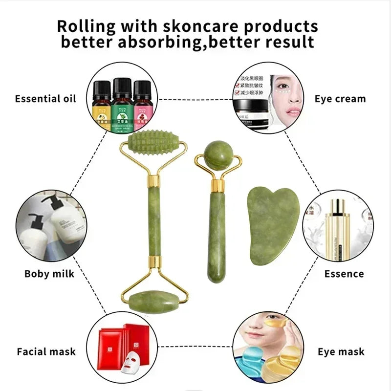 AYHle Natural Jade Roller & Gua Sha Set | Xiuyan Stone Facial Massager for Anti-Wrinkle, Lifting & Puffiness Reduction | Dual-Ended Roller & Scraper