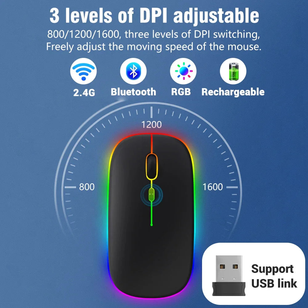 Congdi Silent Wireless Mouse - Bluetooth & 2.4GHz Dual Mode Rechargeable Mouse with LED Backlight | 1600 DPI Portable Mouse for Laptop, Tablet & PC