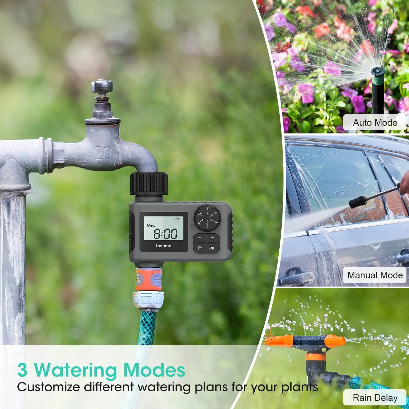 INSOMA Automatic Water Timer for Hose Faucet | Digital Programmable Irrigation Controller with Rain Delay | IPX7 Waterproof for Outdoor Gardens