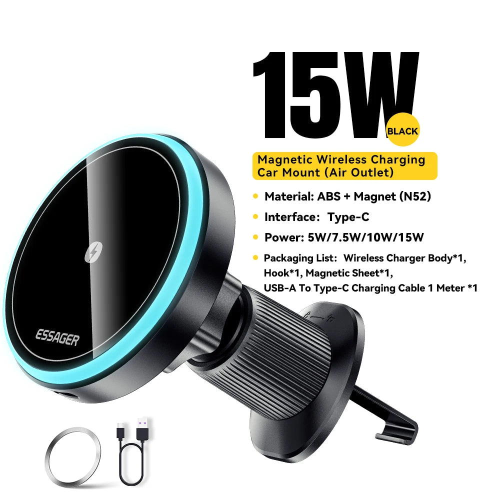 Essager Magnetic Wireless Car Charger 15W – RGB Seven-Color Fast Charging Phone Holder Mount for iPhone 15/14/13 & Android