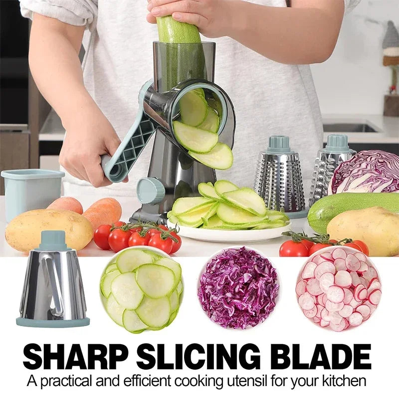 3-in-1 Rotary Cheese Grater & Vegetable Slicer – Manual Stainless Steel Kitchen Cutter Tool