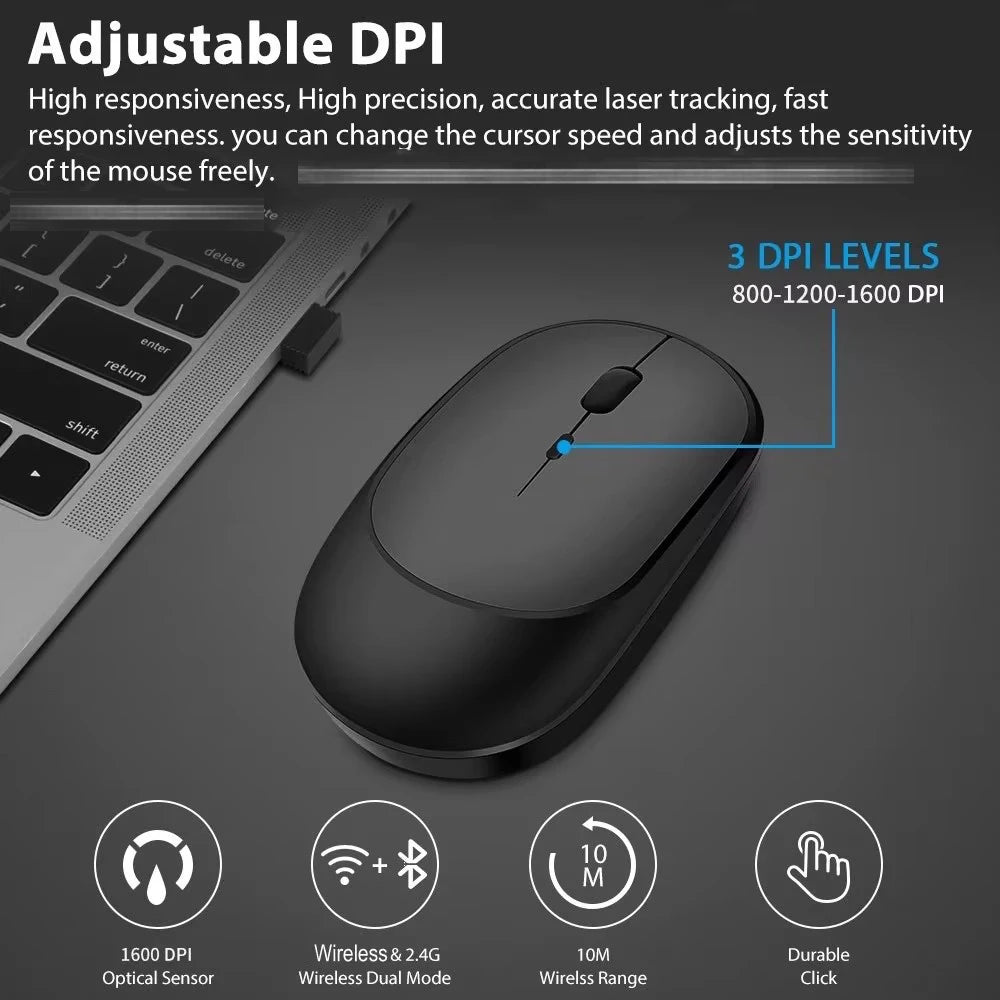 Congdi Dual Mode Wireless Mouse - Bluetooth & 2.4GHz Rechargeable Silent Mouse with 1600 DPI | 4-Button Opto-Electronic Mouse for Laptop, PC, iPad & MacBook