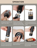 Electric Salt and Pepper Grinder Set - Automatic Gravity-Activated Mills with Adjustable Coarseness | USB Rechargeable Spice Grinders for Kitchen