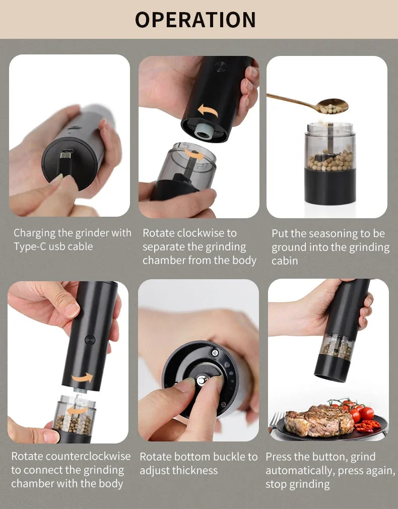 Electric Salt and Pepper Grinder Set - Automatic Gravity-Activated Mills with Adjustable Coarseness | USB Rechargeable Spice Grinders for Kitchen