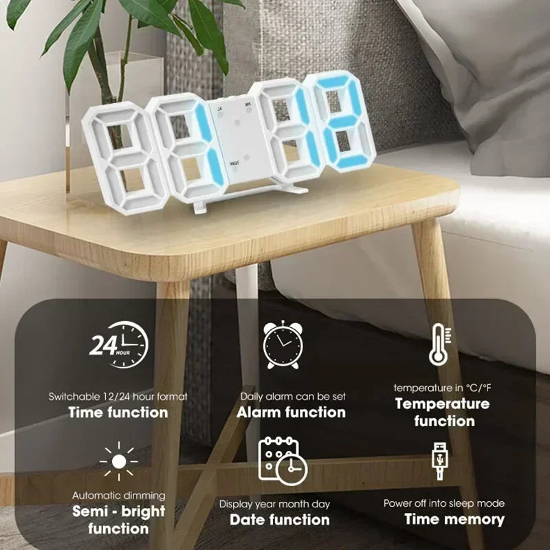 3D LED Digital Alarm Clock with Large Display | Wall or Desktop Clock with 3-Level Brightness Adjustable, Calendar & Snooze Function | Plug-in USB Powered