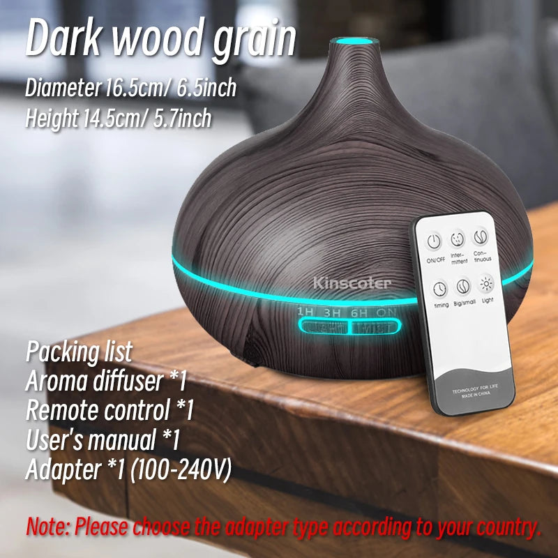 Wood Grain Ultrasonic Air Humidifier 500ml – 5-in-1 Essential Oil Diffuser with 7 LED Colors, Timer & Remote | HUMI Brand