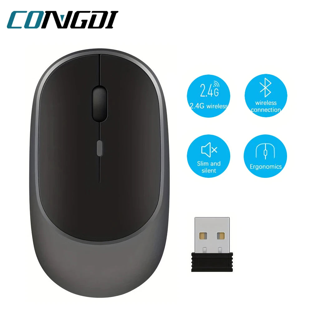 Congdi Dual Mode Wireless Mouse - Bluetooth & 2.4GHz Rechargeable Silent Mouse with 1600 DPI | 4-Button Opto-Electronic Mouse for Laptop, PC, iPad & MacBook