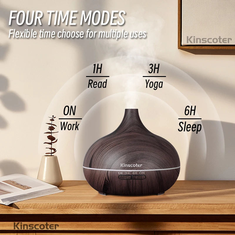 Wood Grain Ultrasonic Air Humidifier 500ml – 5-in-1 Essential Oil Diffuser with 7 LED Colors, Timer & Remote | HUMI Brand