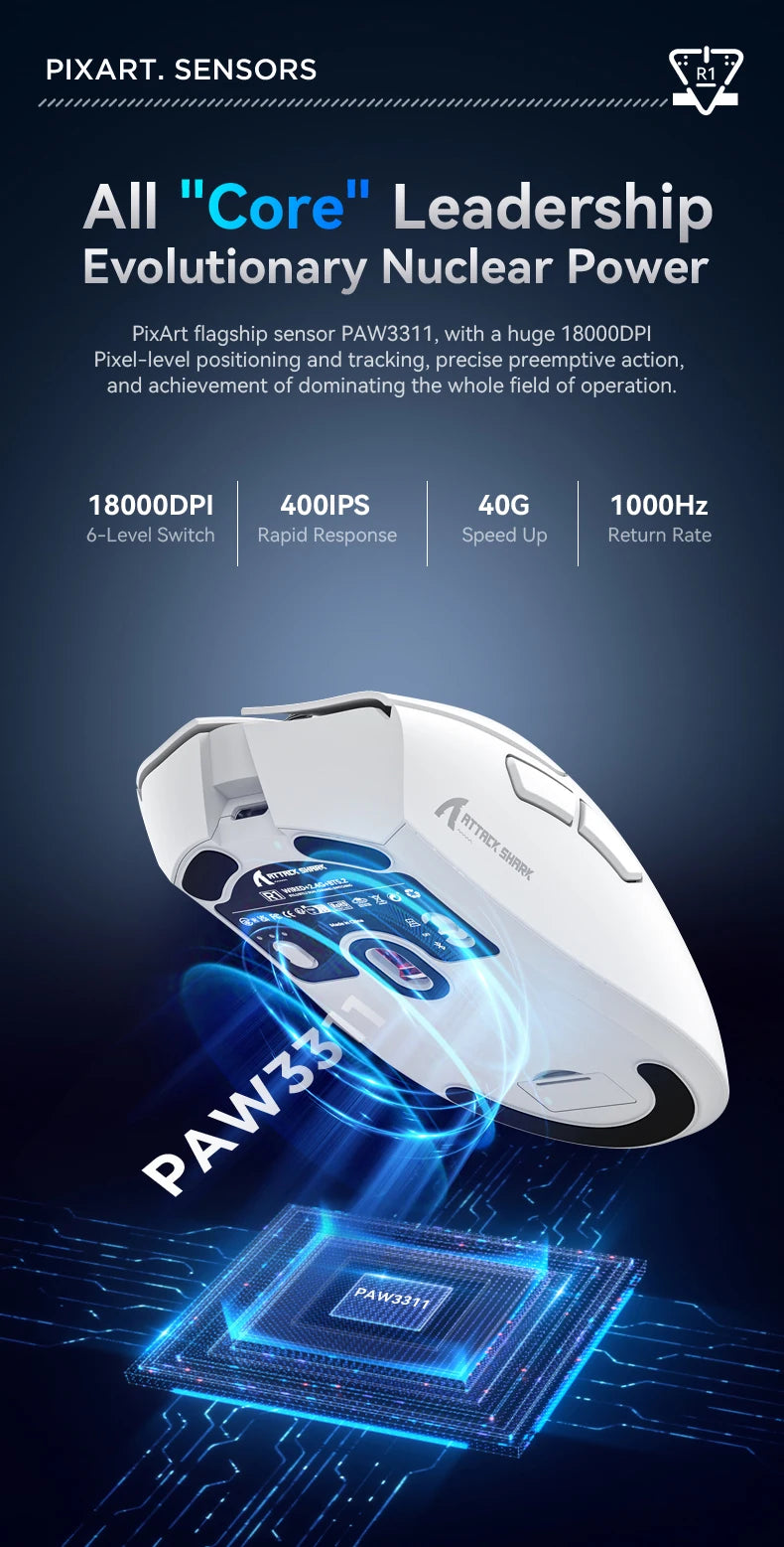 Attack Shark R1 Tri-Mode Wireless Gaming Mouse - 18000 DPI PAW3311 Sensor, 59g Ultra-Light, 1000Hz Polling Rate, Rechargeable RGB Mouse for PC & Laptop