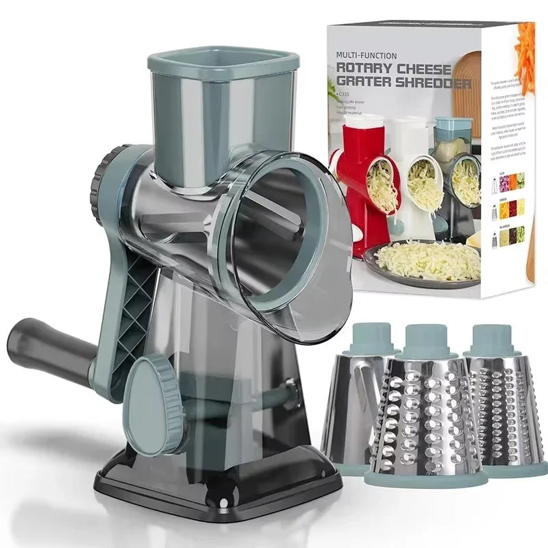 3-in-1 Rotary Cheese Grater & Vegetable Slicer – Manual Stainless Steel Kitchen Cutter Tool