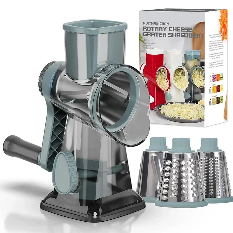 3-in-1 Rotary Cheese Grater & Vegetable Slicer – Manual Stainless Steel Kitchen Cutter Tool