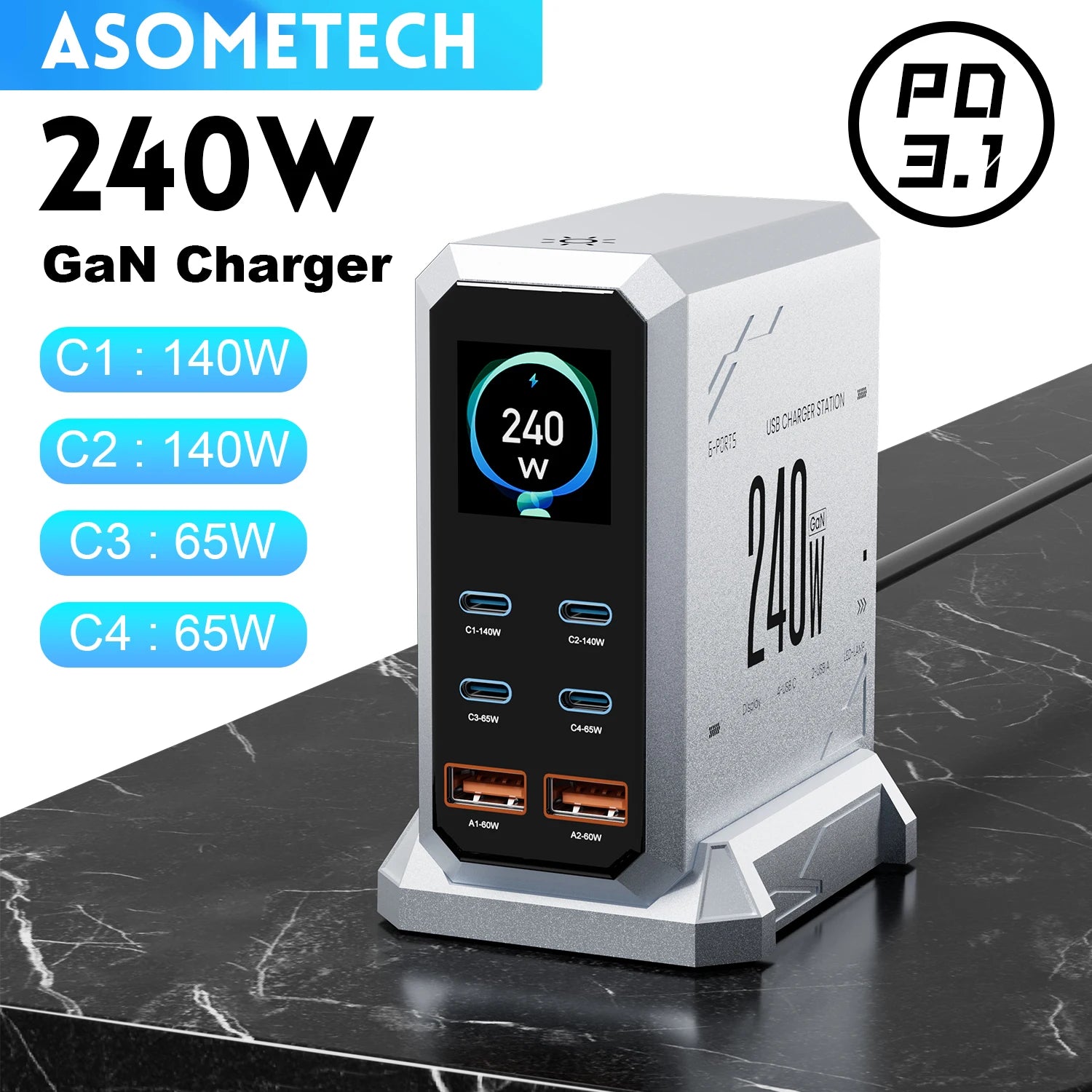 240W GaN Fast Charging Station 6-Port USB-C PD 3.1 Charger for MacBook, iPhone, Samsung & Laptops
