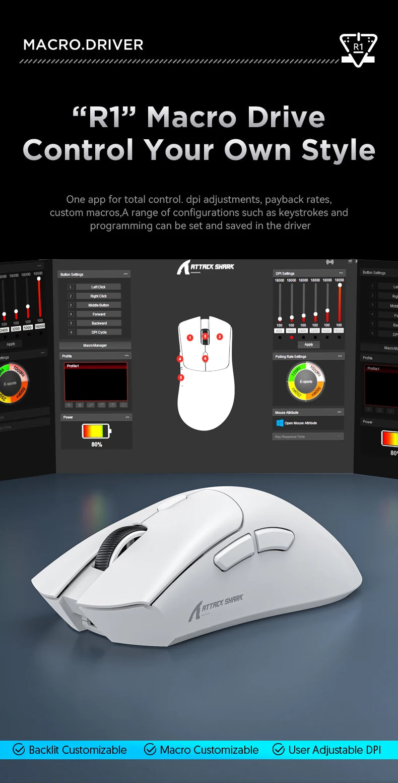 Attack Shark R1 Tri-Mode Wireless Gaming Mouse - 18000 DPI PAW3311 Sensor, 59g Ultra-Light, 1000Hz Polling Rate, Rechargeable RGB Mouse for PC & Laptop