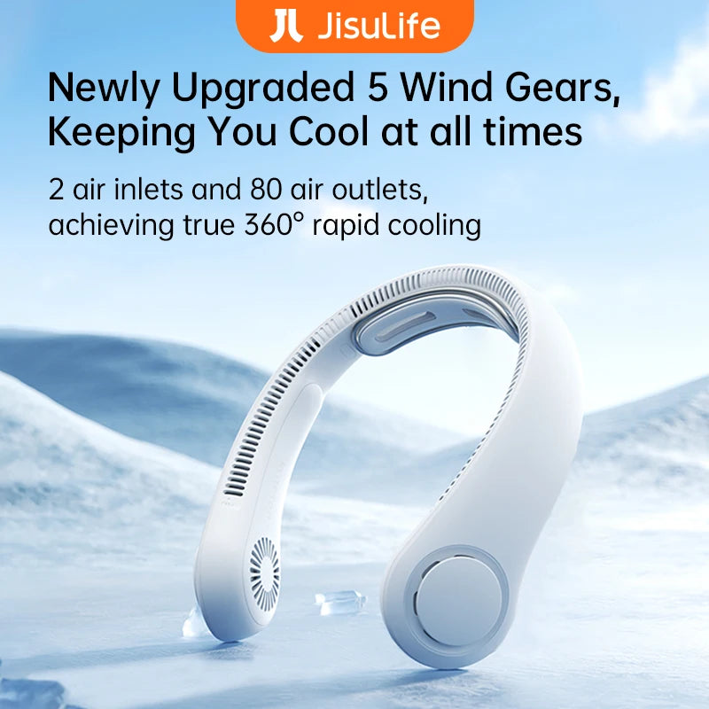 JISULIFE FA14X Portable Neck Fan - 5000mAh Wearable Bladeless Personal Fan with 5 Speeds | Hands-Free Cooling for Outdoor, Travel & Office | Grey/Black/Blue