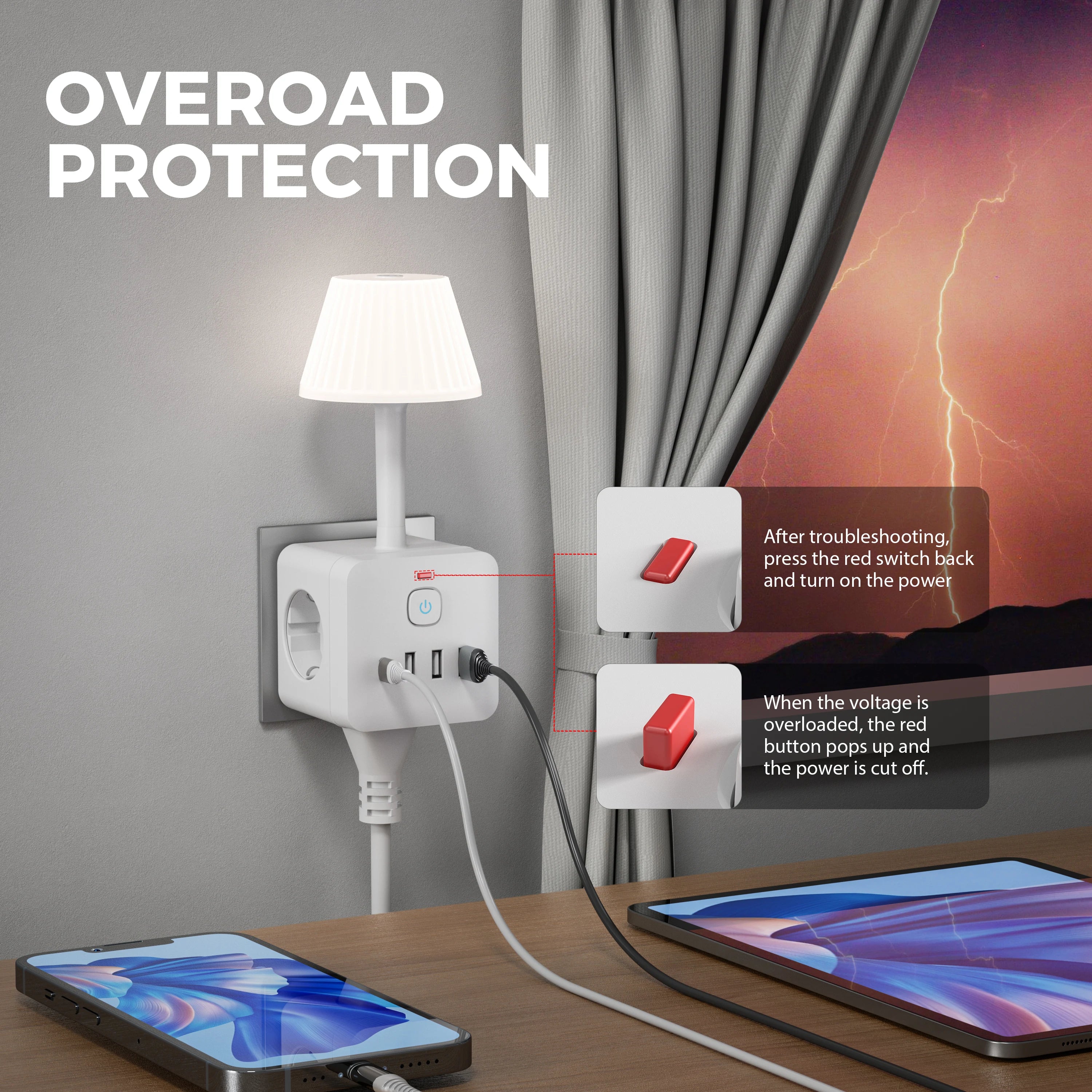 Tabletop Power Strip TT-PS08 – 3 Outlets + 4 USB Ports with Surge & Overload Protection