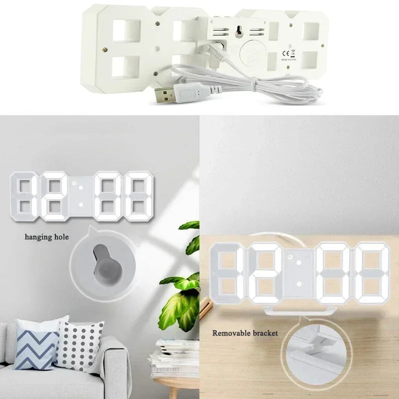 3D LED Digital Alarm Clock with Large Display | Wall or Desktop Clock with 3-Level Brightness Adjustable, Calendar & Snooze Function | Plug-in USB Powered