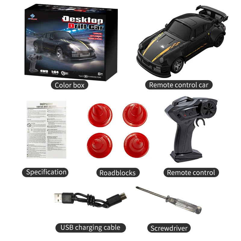 Teranty 1:64 Scale 4CH Remote Control Car | 30m Range 4WD Drift RC Car with 20min Playtime | Ready-to-Go Mini Electric Car for Kids & Adults