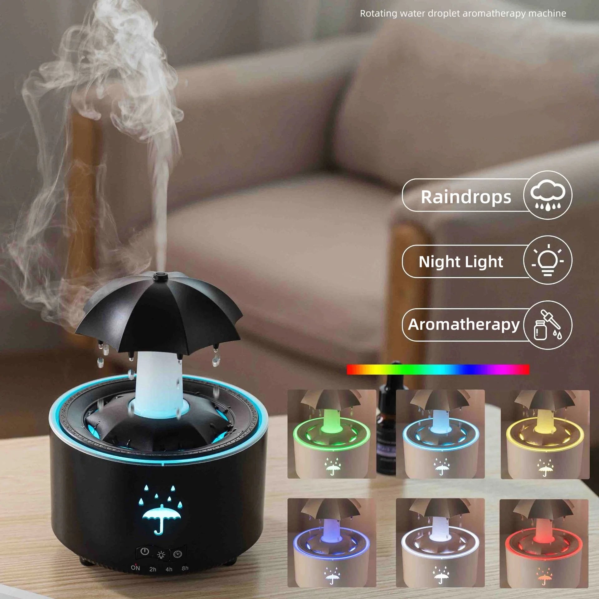 Raindrop Aroma Diffuser & Ultrasonic Humidifier – 300ML Essential Oil Diffuser with LED Lamp & Remote Control