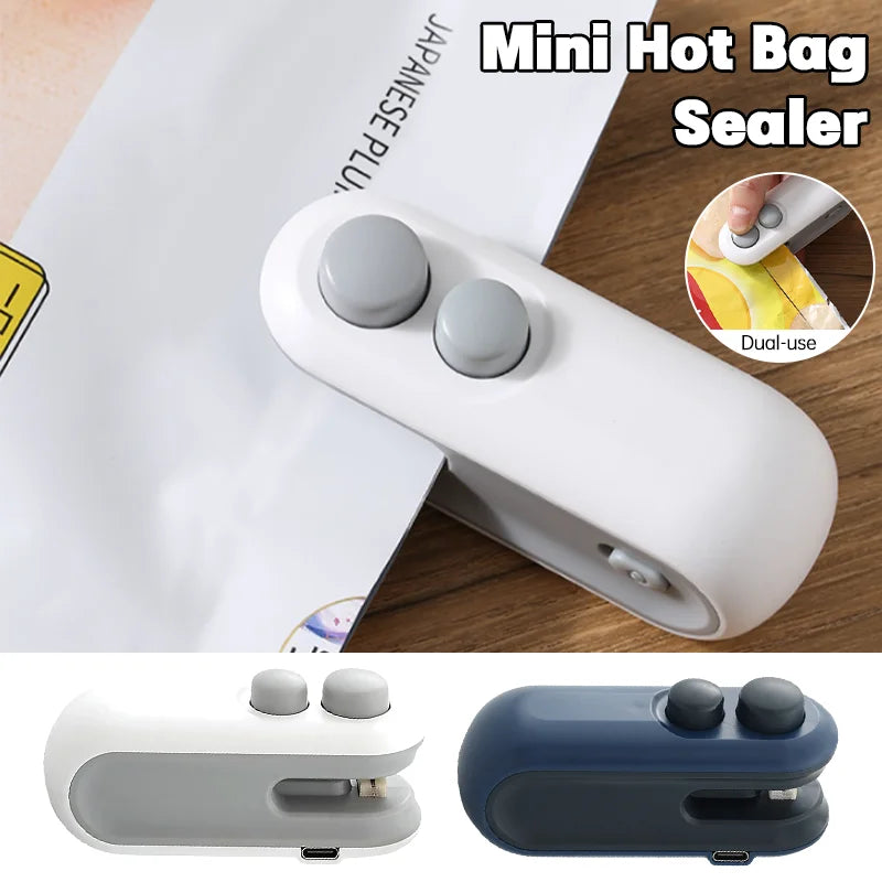 USB-C Rechargeable Mini Bag Sealer | 2-in-1 Handheld Heat Sealer & Cutter for Food Storage | Portable Plastic Bag Closer with Magnetic Back