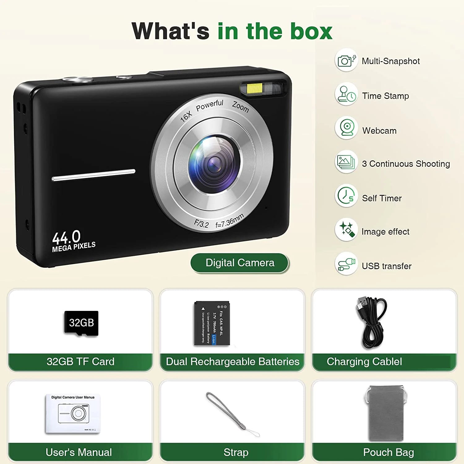 STUOGYUM DC403 4K Digital Camera for Photography - 50MP CMOS Sensor with 16X Digital Zoom, 2.4" LCD Screen, 1080P Video Recording | Compact Camera for Beginners & Kids