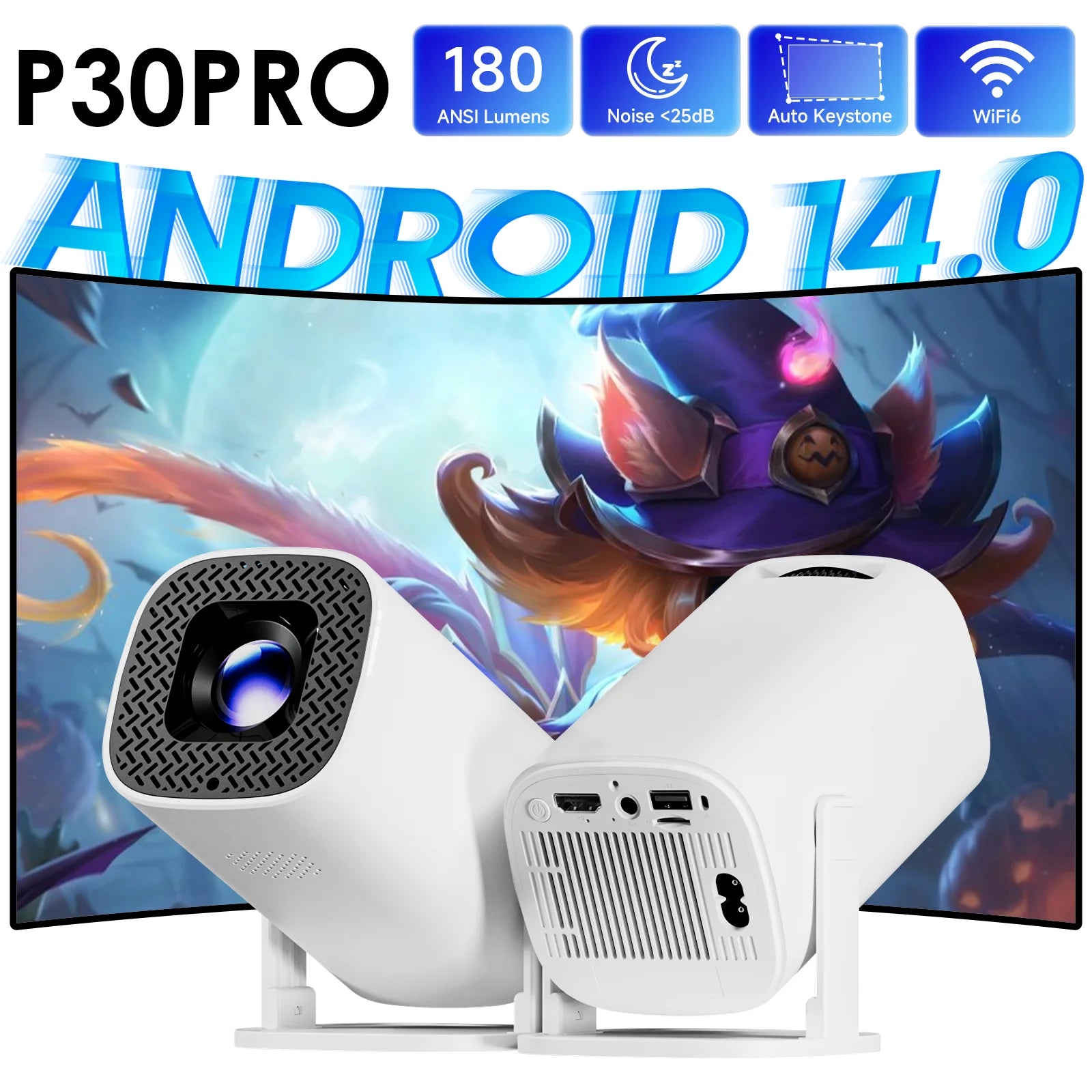P30 Pro Smart Mini Projector – Android 14 WiFi6 & Bluetooth 5.0 Portable 4K Home Theater Projector (1280×720P)