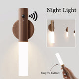 Auto LED Wireless Magnetic Night Light with PIR Motion Sensor – USB Rechargeable Wood Lamp for Hallways, Cabinets & Bedrooms