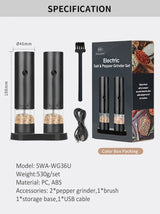 Electric Salt and Pepper Grinder Set - Automatic Gravity-Activated Mills with Adjustable Coarseness | USB Rechargeable Spice Grinders for Kitchen