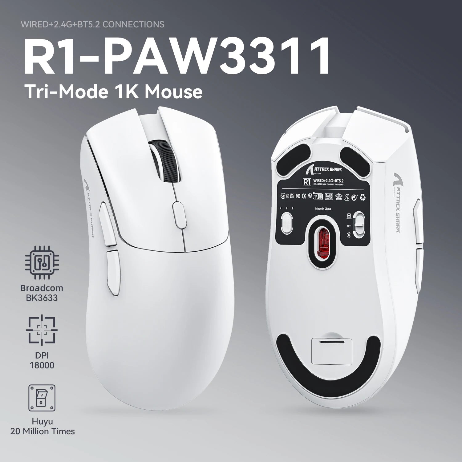 Attack Shark R1 Tri-Mode Wireless Gaming Mouse - 18000 DPI PAW3311 Sensor, 59g Ultra-Light, 1000Hz Polling Rate, Rechargeable RGB Mouse for PC & Laptop