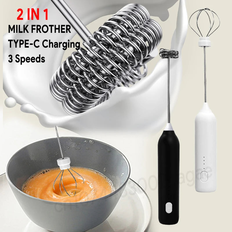 2-in-1 Electric Milk Frother & Egg Beater – Wireless Handheld Coffee Foam Maker with 3 Speeds & Type-C Charging