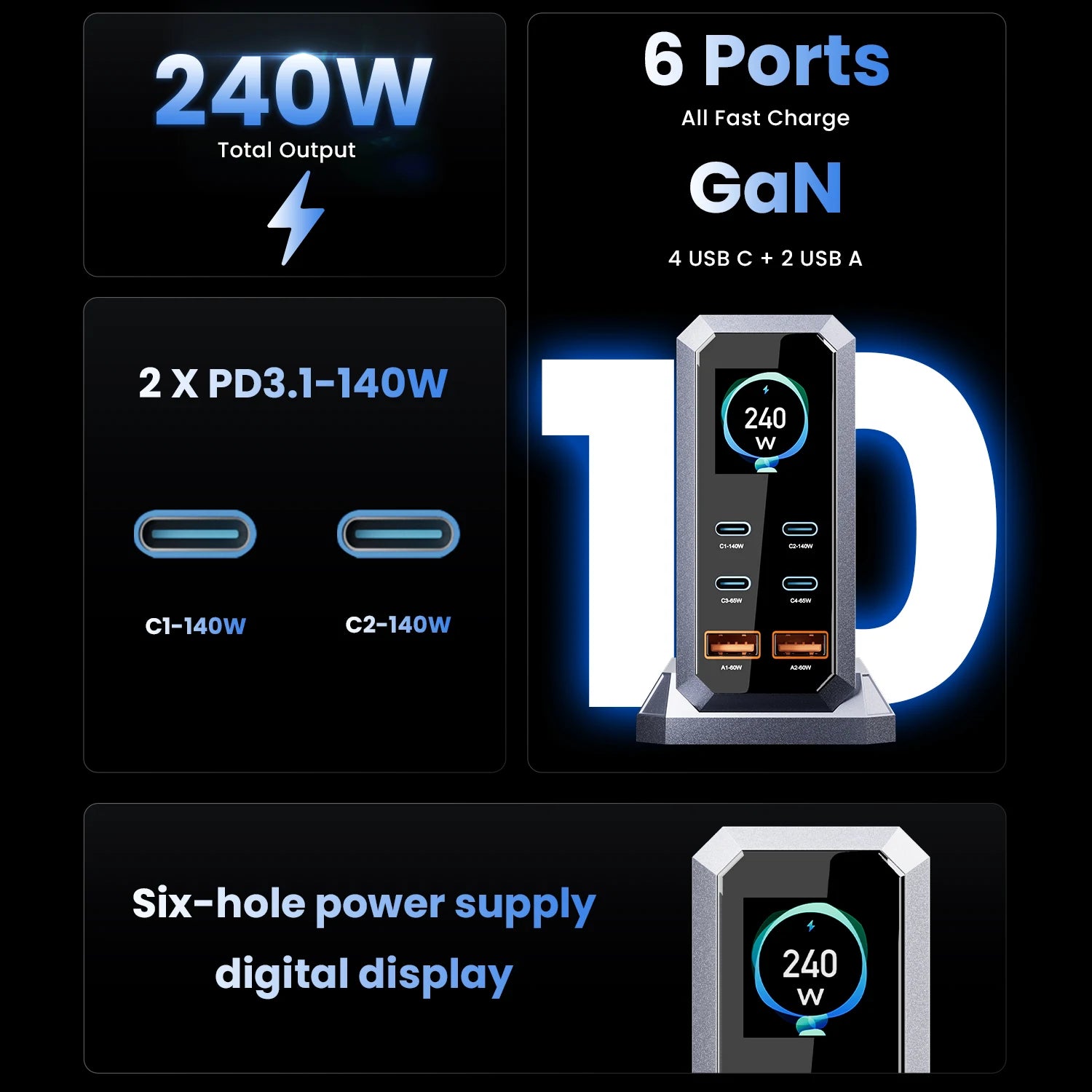 240W GaN Fast Charging Station 6-Port USB-C PD 3.1 Charger for MacBook, iPhone, Samsung & Laptops