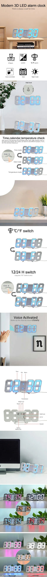 3D LED Digital Alarm Clock with Large Display | Wall or Desktop Clock with 3-Level Brightness Adjustable, Calendar & Snooze Function | Plug-in USB Powered